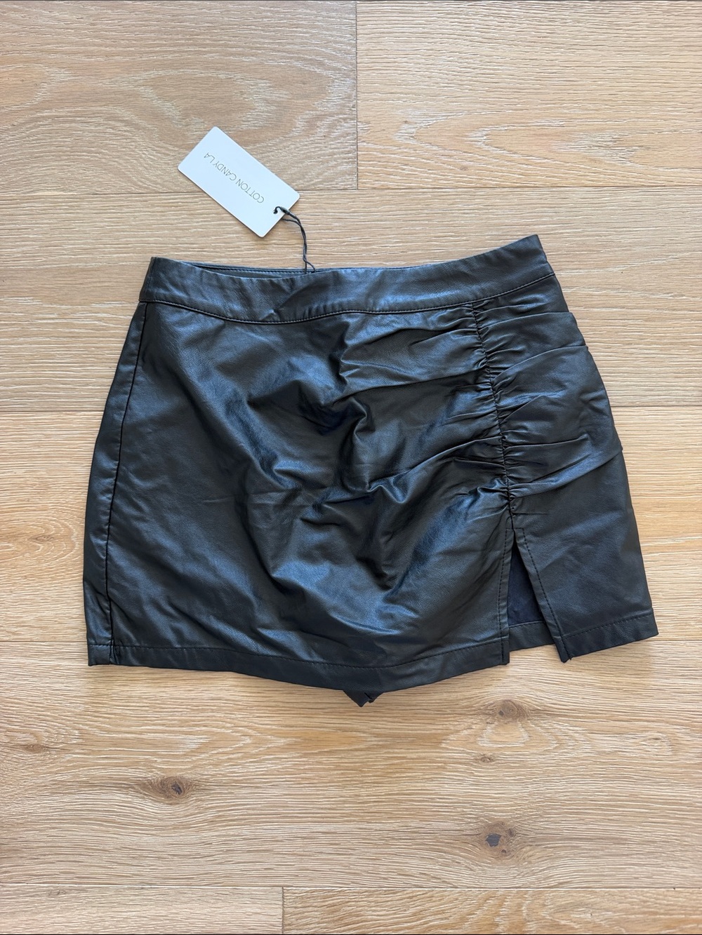 NWT Cotton Candy Black Faux Leather Ruched Mini Skirt
